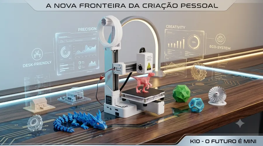 Impressora 3D EasyThreed K10 montada sobre uma mesa, com peça sendo impressa em PLA branco