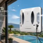 Robô limpa-vidros Jets Glass Pro branco fixado em uma janela