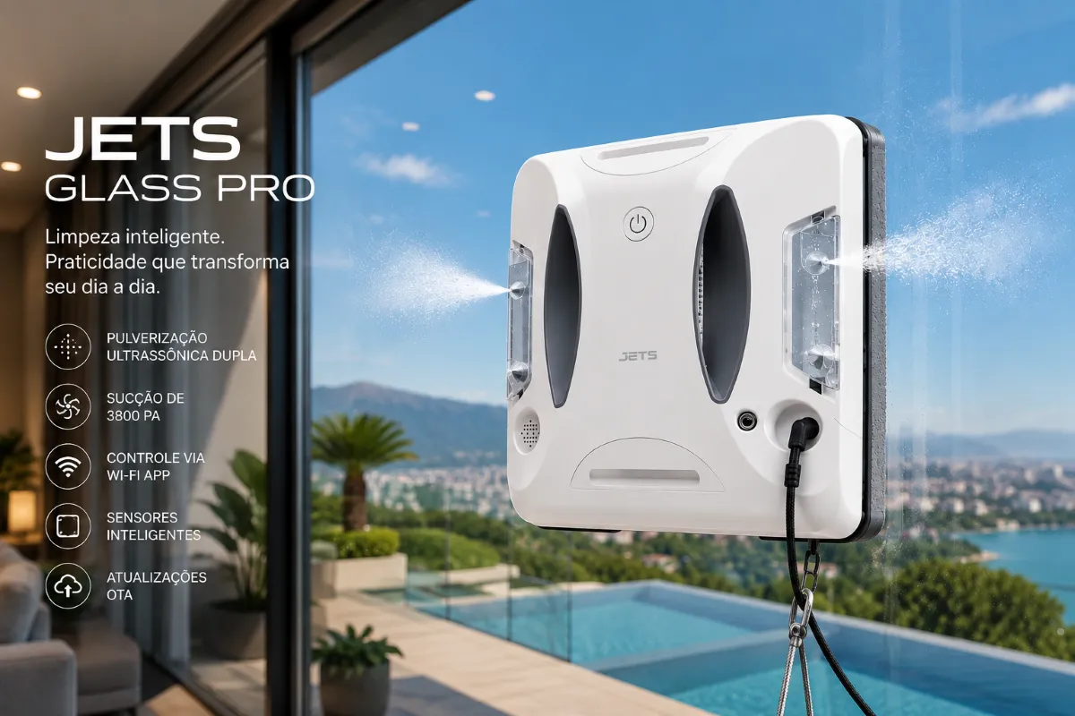 Robô limpa-vidros Jets Glass Pro branco fixado em uma janela