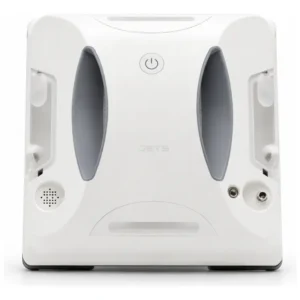 Robô Limpa Vidro Jets Glass Pro branco com design quadrado e pano de microfibra, fixado em uma janela de vidro em pleno funcionamento.